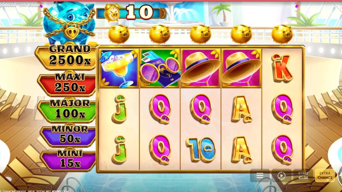 Tela do jogo de slot Break the Diamond Piggy com tema de cruzeiro e porquinhos